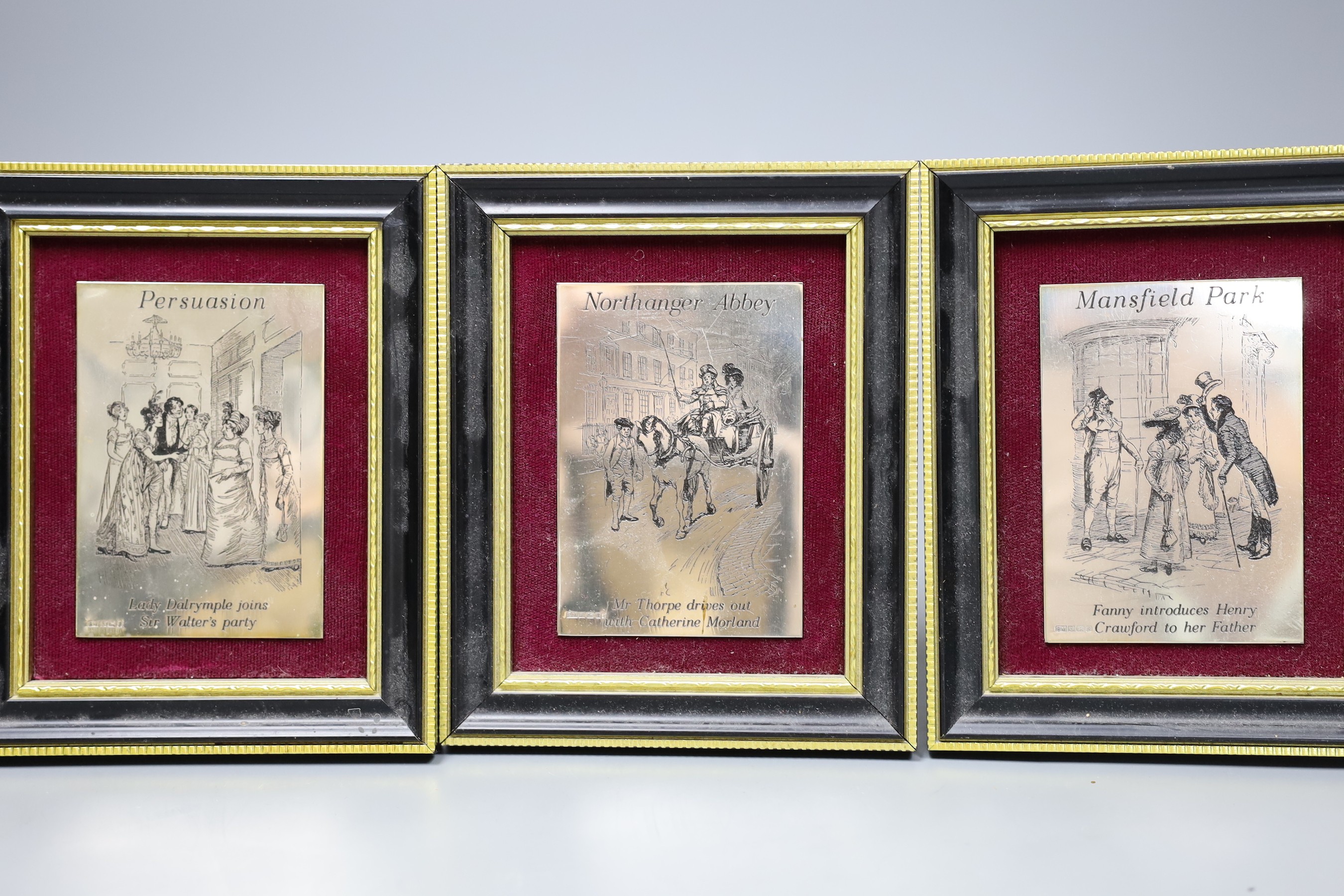 A set of six silver plaques, decorated with scenes from Jane Austen, 9.5 x 6.5cm